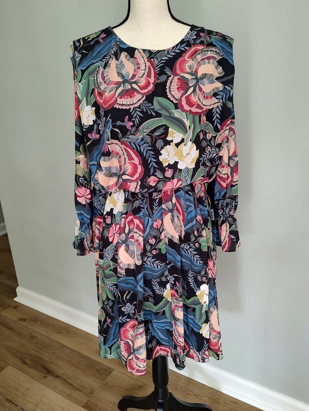 Philosophy Floral 3/4 Sleeves Midi Dress Smocked Cuffs Garden Party M